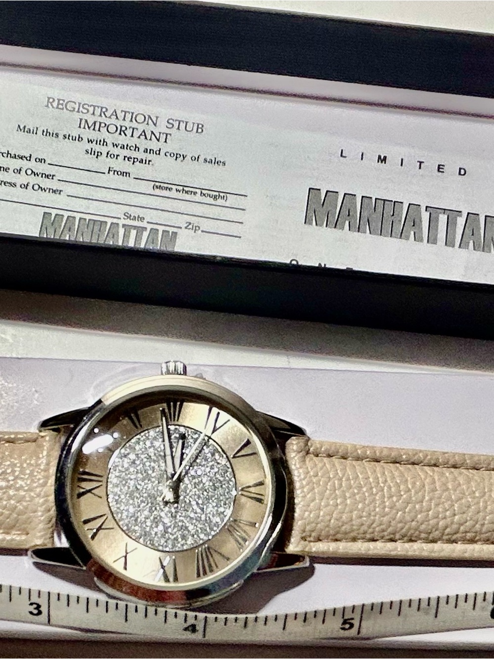 NIB Ladies Croton Ivory Leather  Strap Silver-Tone Watch with Glitter Dial